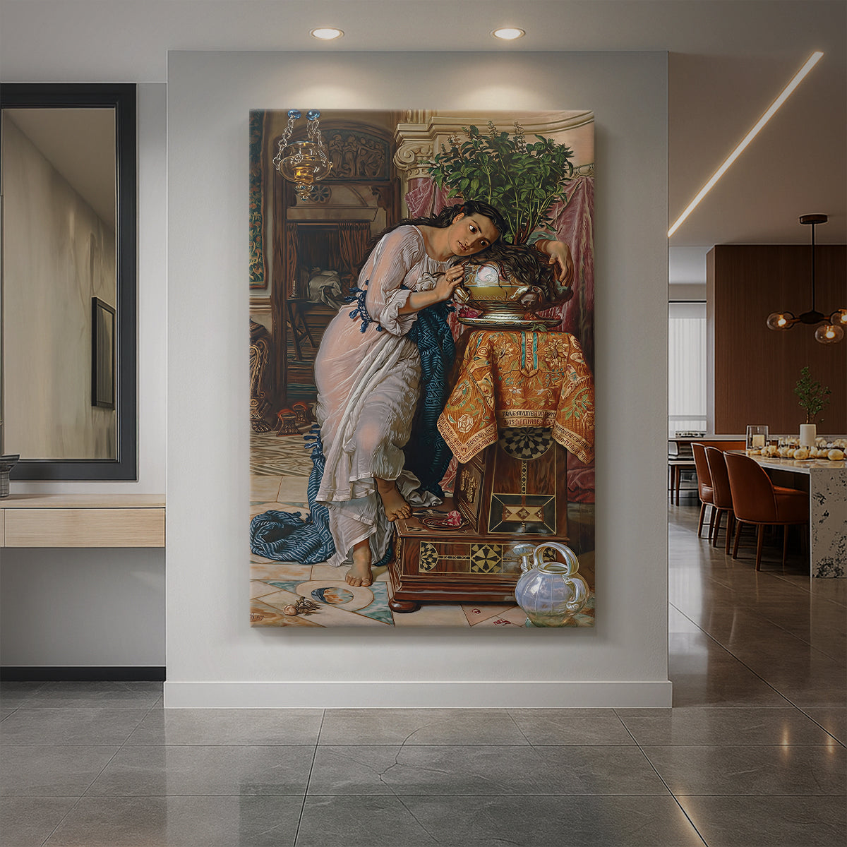 Canvas art print of a Romantic scene of a woman holding a pot in a detailed interior displayed as a statement piece in a spacious interior.