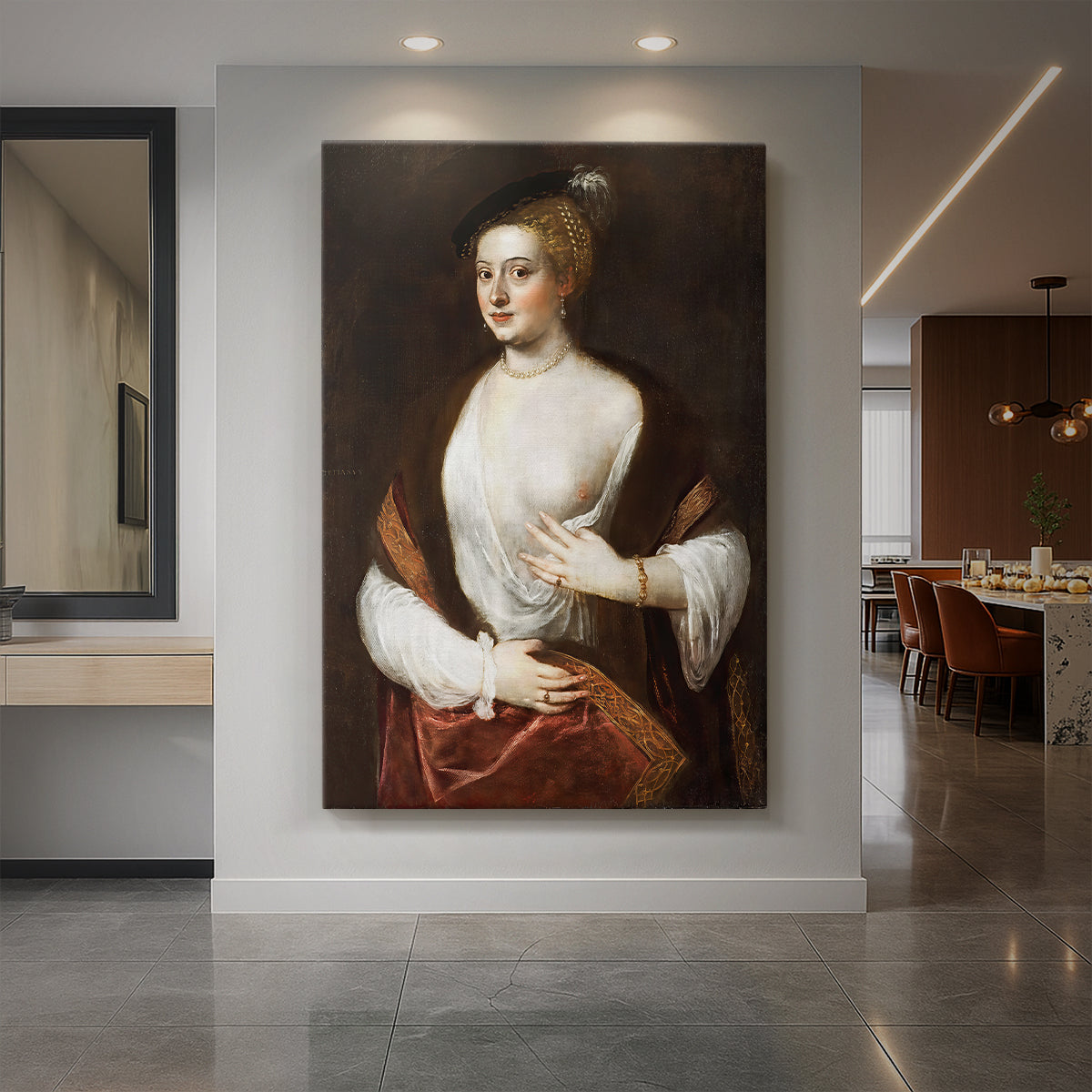 Canvas art print of a Renaissance portrait of a woman with soft light and warm tones displayed as a statement piece in a spacious interior.