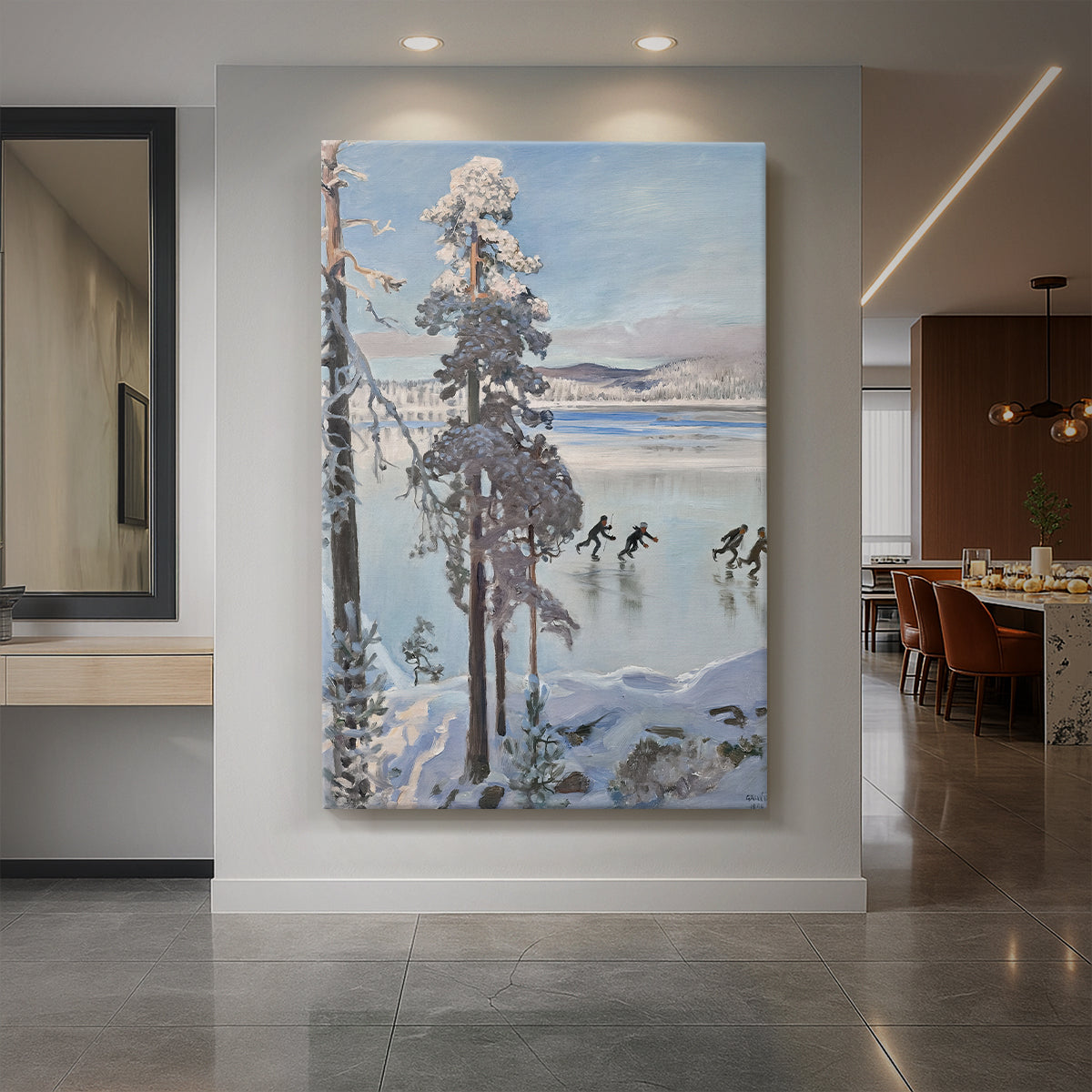 Canvas art print of a winter lakeside scene with figures skating on a frozen lake near snowy trees displayed as a statement piece in a spacious interior.