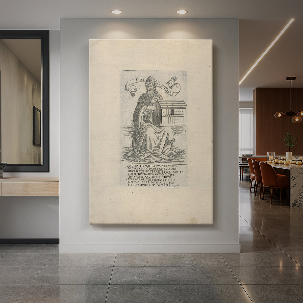 Canvas art print of a monochrome engraving of a standing prophet with fine linework displayed as a statement piece in a spacious interior.