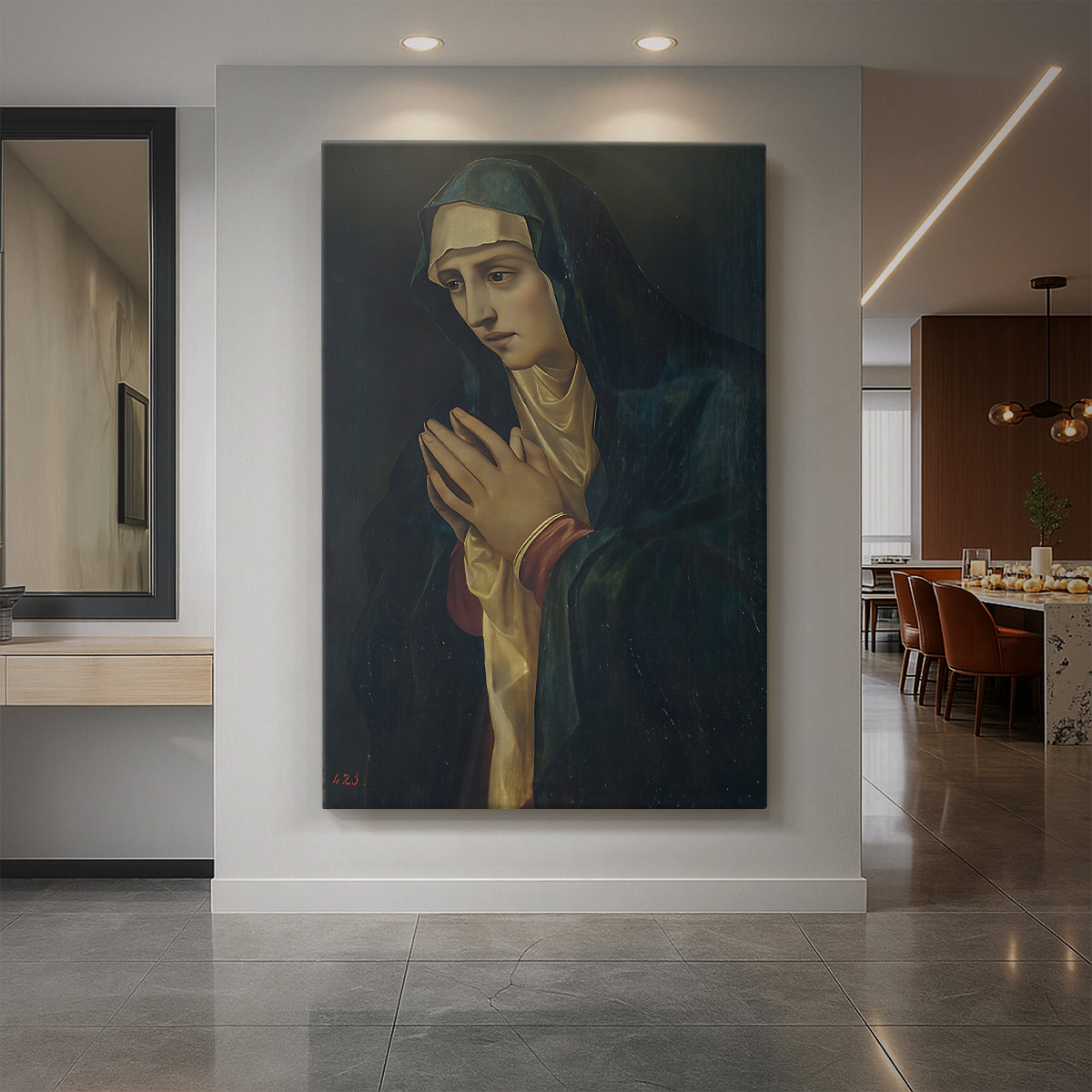 Canvas art print of a Renaissance portrait of the Virgin Mary with bowed head and soft light displayed as a statement piece in a spacious interior.