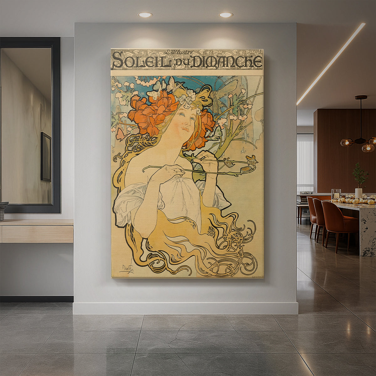 Canvas art print of an Art Nouveau poster of a woman with ornate details and publication typography displayed as a statement piece in a spacious interior.