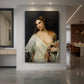 Canvas art print of a Renaissance portrait of a woman holding flowers with soft light and warm tones displayed as a statement piece in a spacious interior.