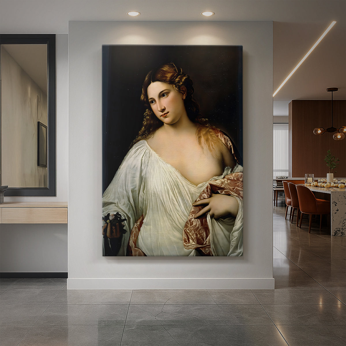 Canvas art print of a Renaissance portrait of a woman holding flowers with soft light and warm tones displayed as a statement piece in a spacious interior.