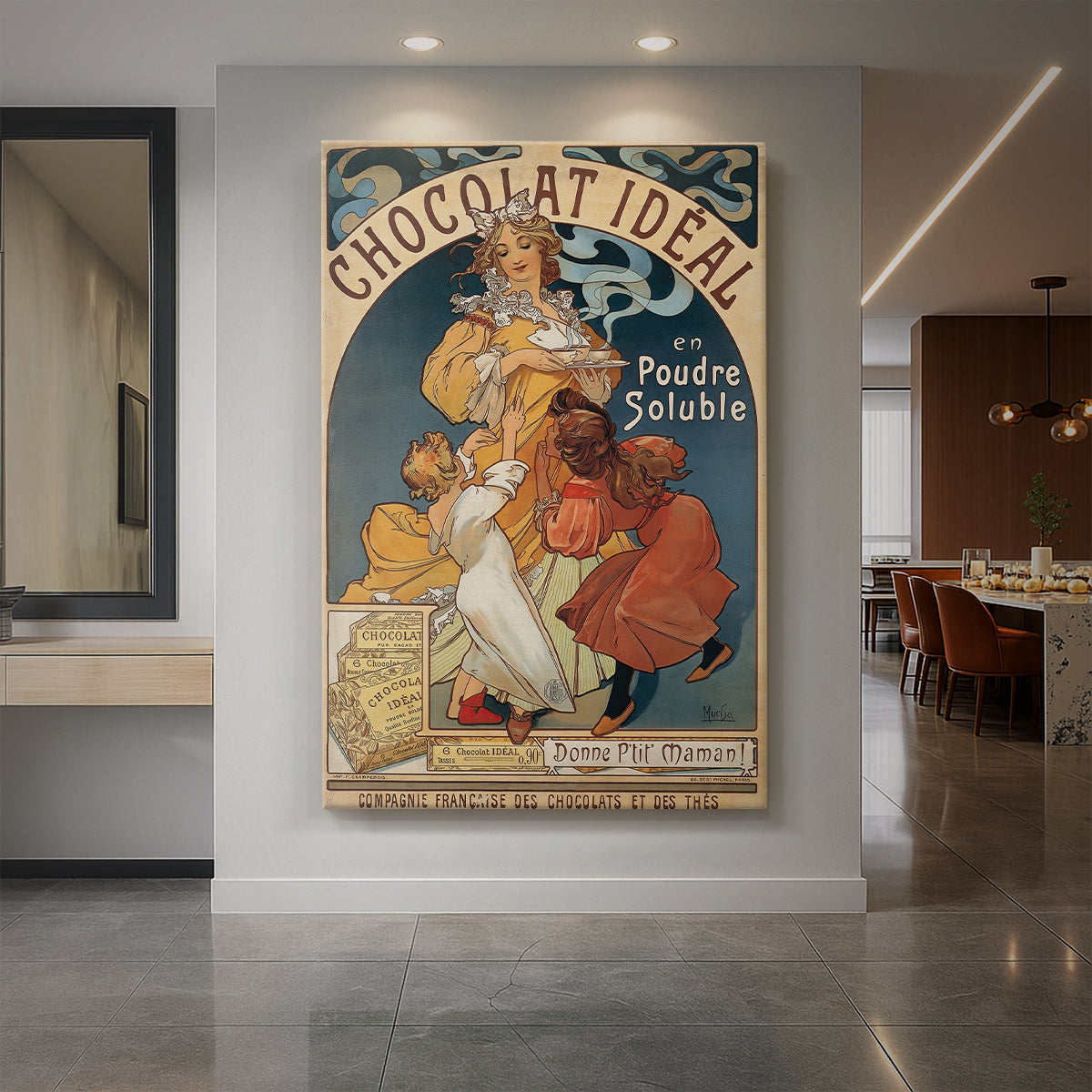 Canvas art print of an Art Nouveau poster of a woman with ornate details and chocolate advertisement text displayed as a statement piece in a spacious interior.
