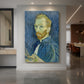 Canvas art print of an expressive self-portrait with visible brushstrokes and bold color displayed as a statement piece in a spacious interior.