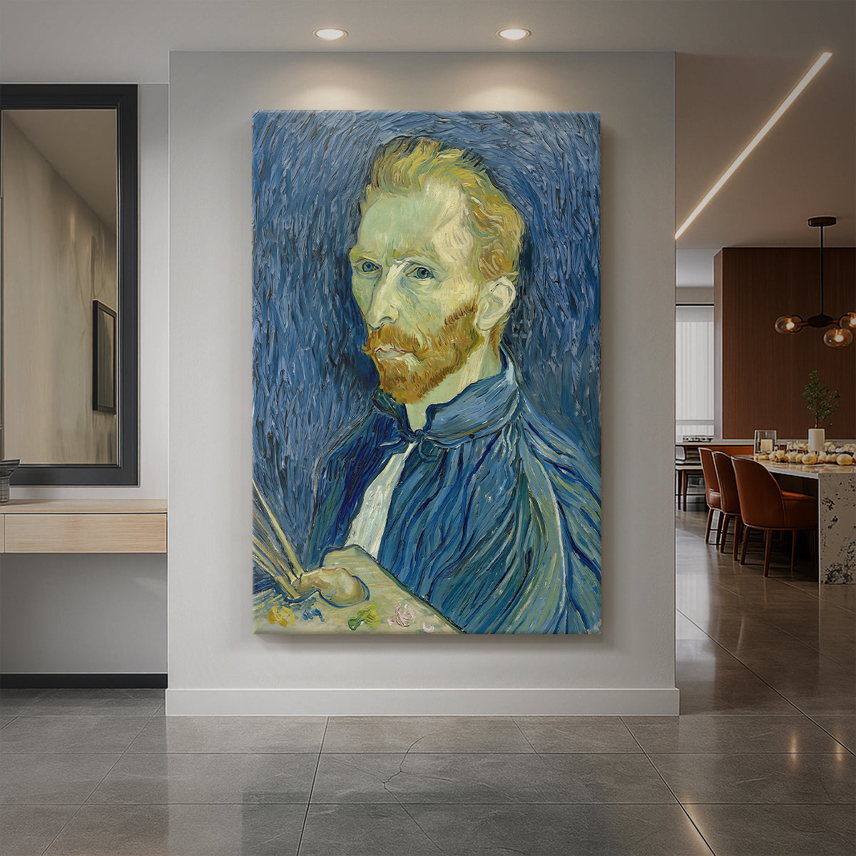 Canvas art print of an expressive self-portrait with visible brushstrokes and bold color displayed as a statement piece in a spacious interior.