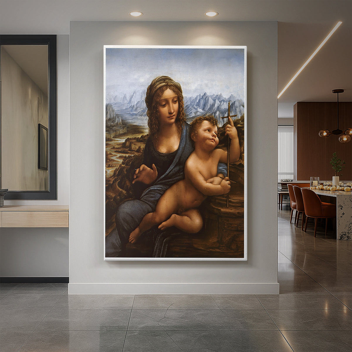 Canvas art print of a Renaissance scene of the Madonna and child with a yarnwinder in a soft landscape displayed as a statement piece in a spacious interior.