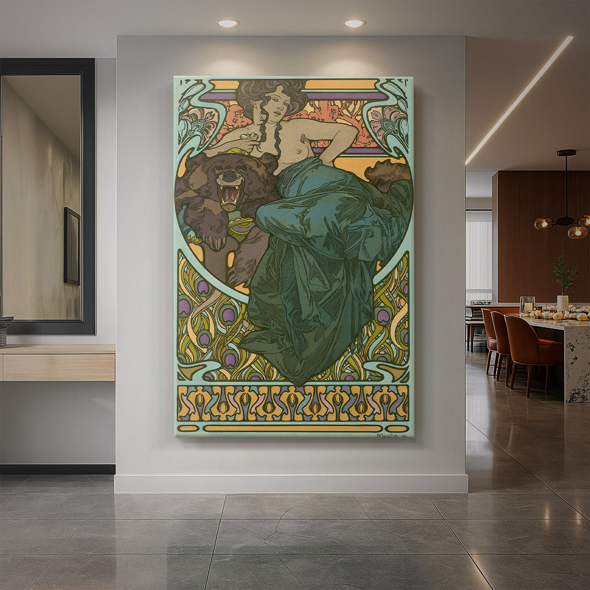 Canvas art print of an Art Nouveau illustration of a reclining woman on a bearskin with soft decorative tones displayed as a statement piece in a spacious interior.