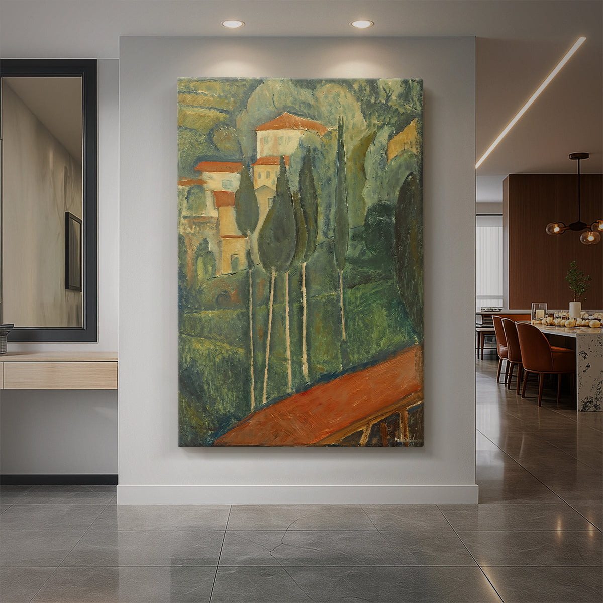Canvas art print of an expressionist landscape with bold colors and simplified forms in a southern setting displayed as a statement piece in a spacious interior.