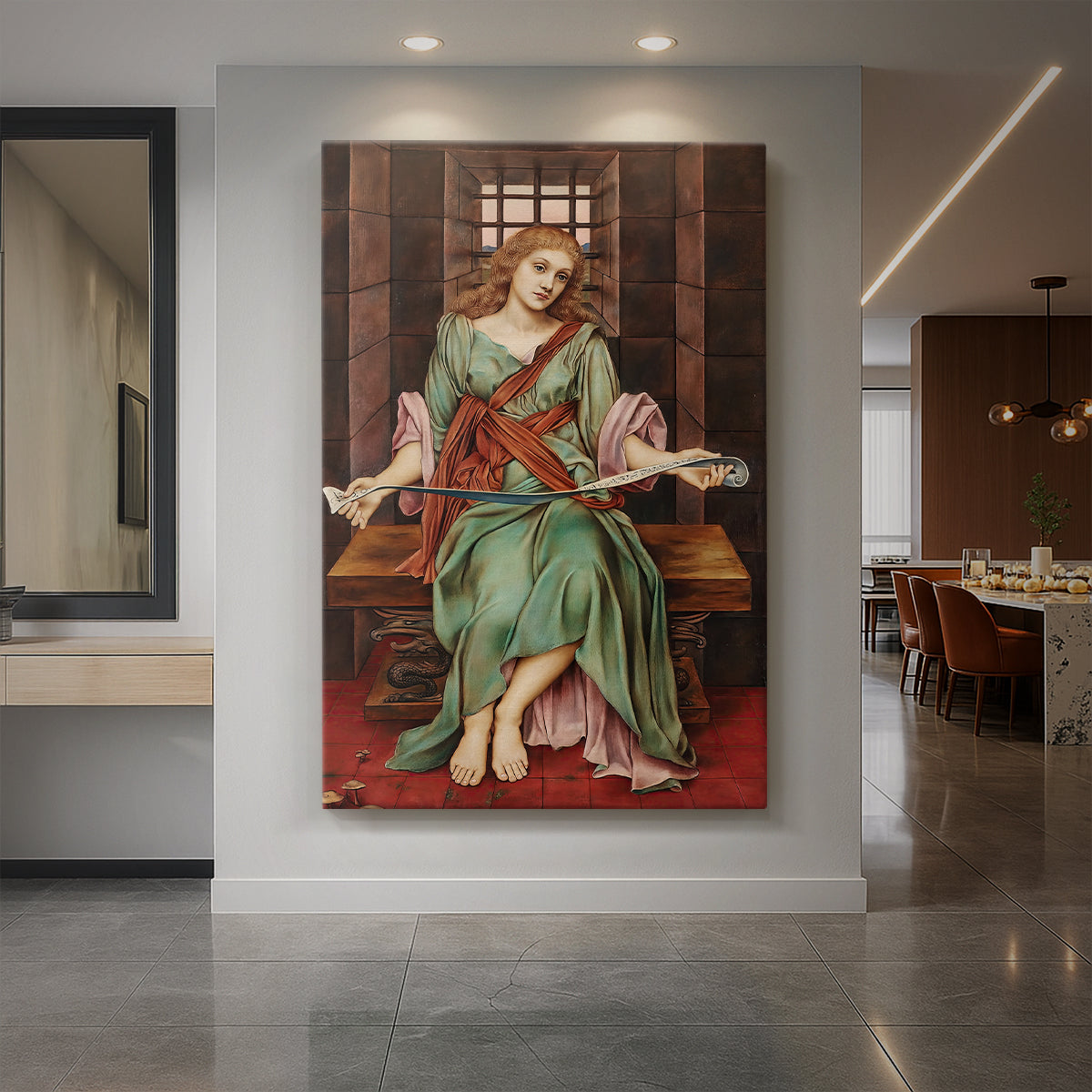 Canvas art print of a symbolic scene of a figure enclosed in a confined, shadowed space displayed as a statement piece in a spacious interior.
