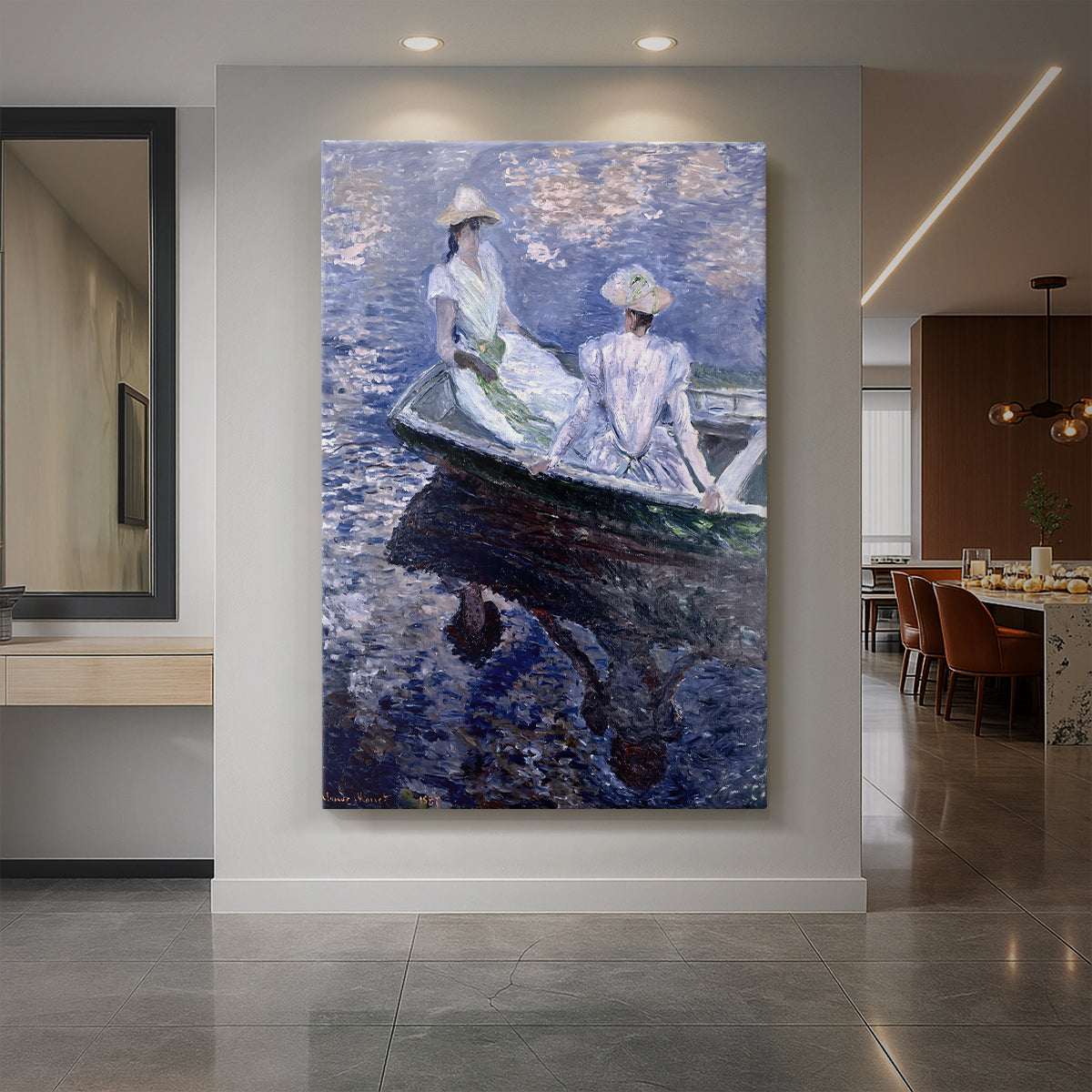 Canvas art print of an impressionist scene of girls seated in a rowboat on calm water displayed as a statement piece in a spacious interior.