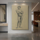 Canvas art print of a figure study of a male nude with arms crossed in soft pencil tones displayed as a statement piece in a spacious interior.