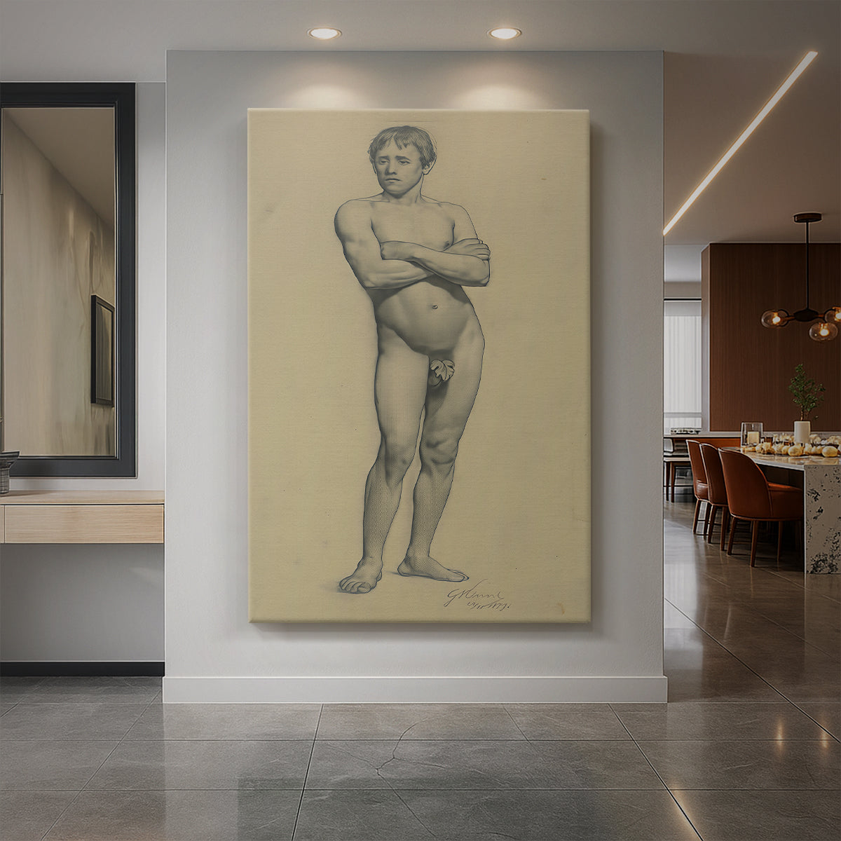 Canvas art print of a figure study of a male nude with arms crossed in soft pencil tones displayed as a statement piece in a spacious interior.