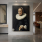 Canvas art print of a Baroque portrait of a woman holding a glove with soft light and detail displayed as a statement piece in a spacious interior.