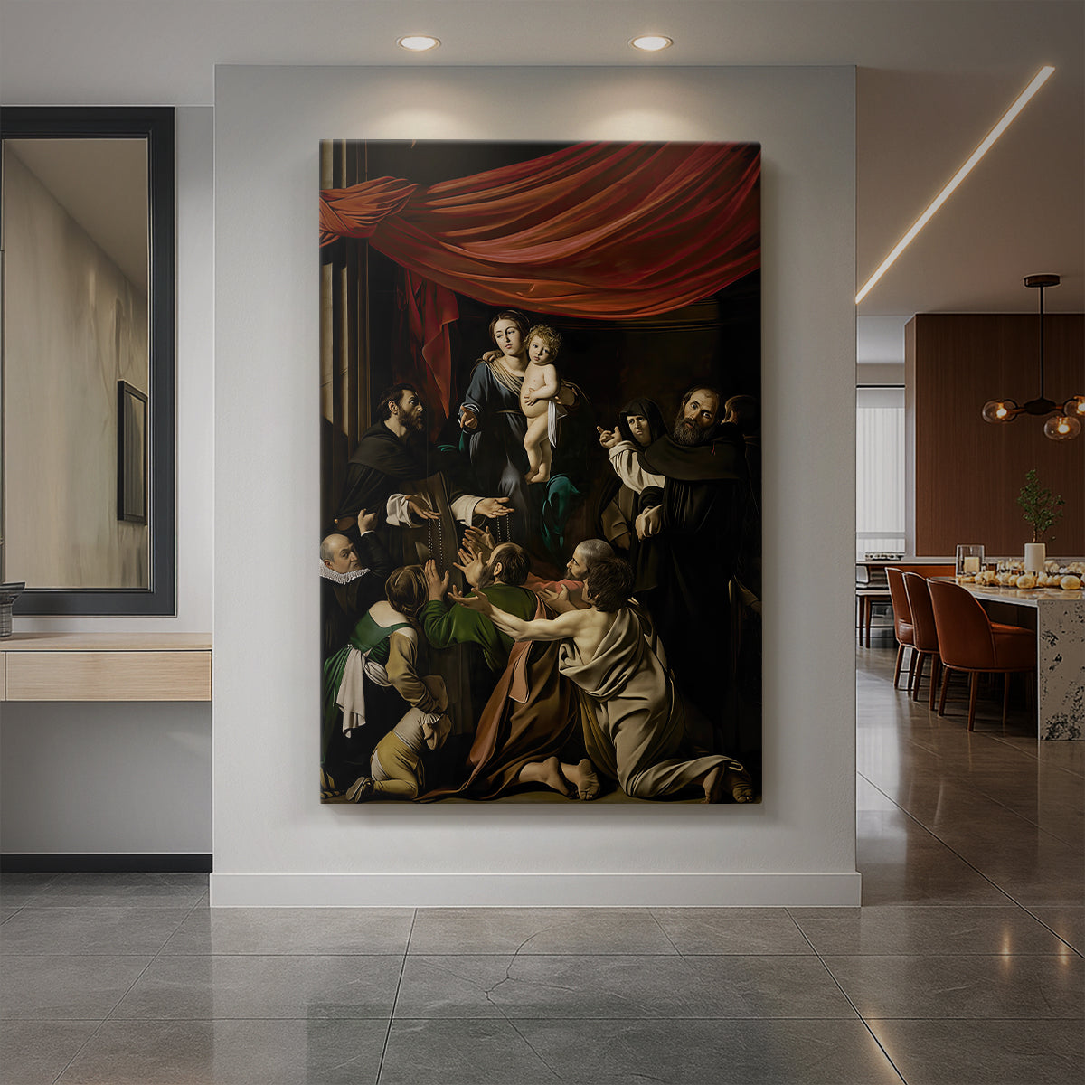 Canvas art print of a Baroque scene of the Madonna presenting a rosary to gathered figures displayed as a statement piece in a spacious interior.