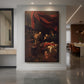 Canvas art print of a Baroque scene of the Virgin surrounded by figures in mourning displayed as a statement piece in a spacious interior.