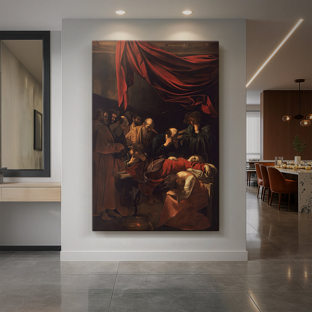 Canvas art print of a Baroque scene of the Virgin surrounded by figures in mourning displayed as a statement piece in a spacious interior.