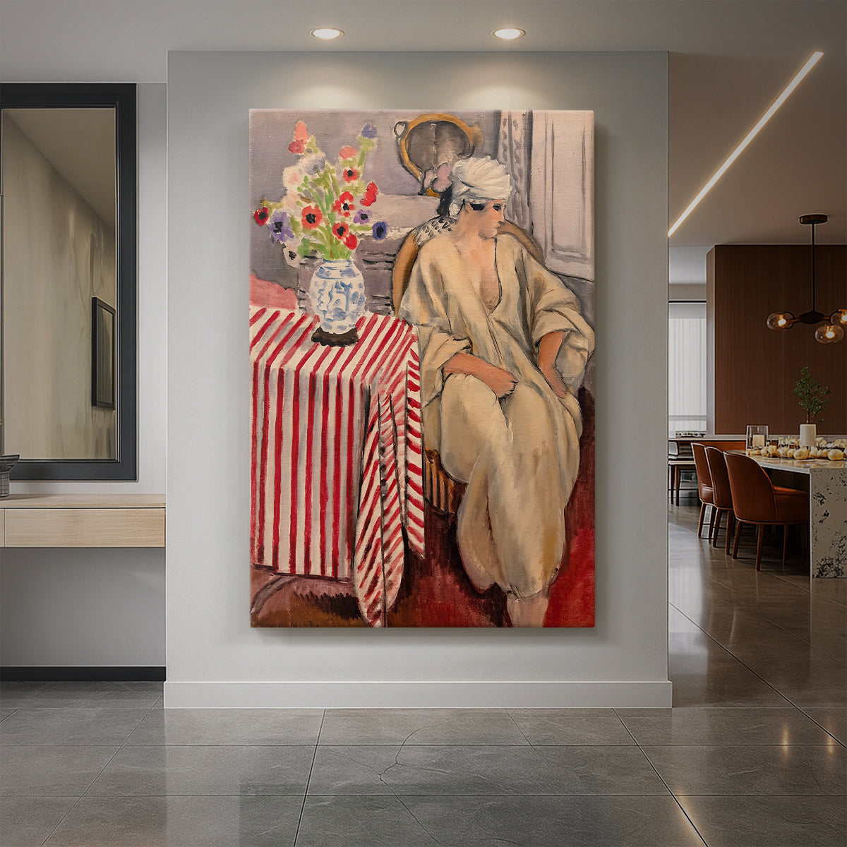 Canvas art print of a fauvist interior scene of a seated woman wrapped in patterned textiles displayed as a statement piece in a spacious interior.