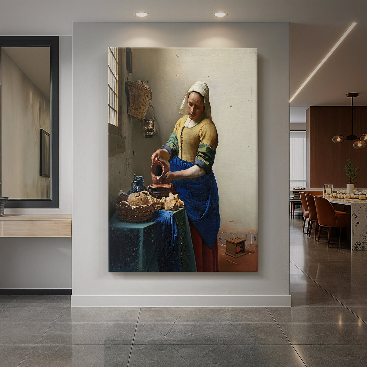 Canvas art print of a Baroque interior of a woman pouring milk in soft window light displayed as a statement piece in a spacious interior.