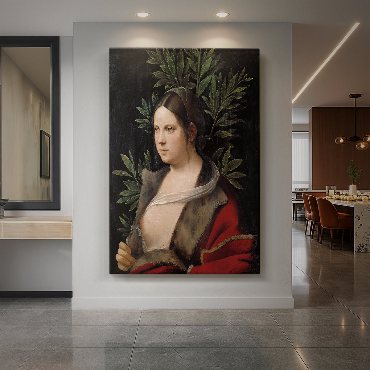 Canvas art print of a Renaissance portrait of a young woman with soft features and balanced tones displayed as a statement piece in a spacious interior.