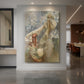 Canvas art print of an Art Nouveau illustration of a woman with lilies and symbolic ornate details displayed as a statement piece in a spacious interior.