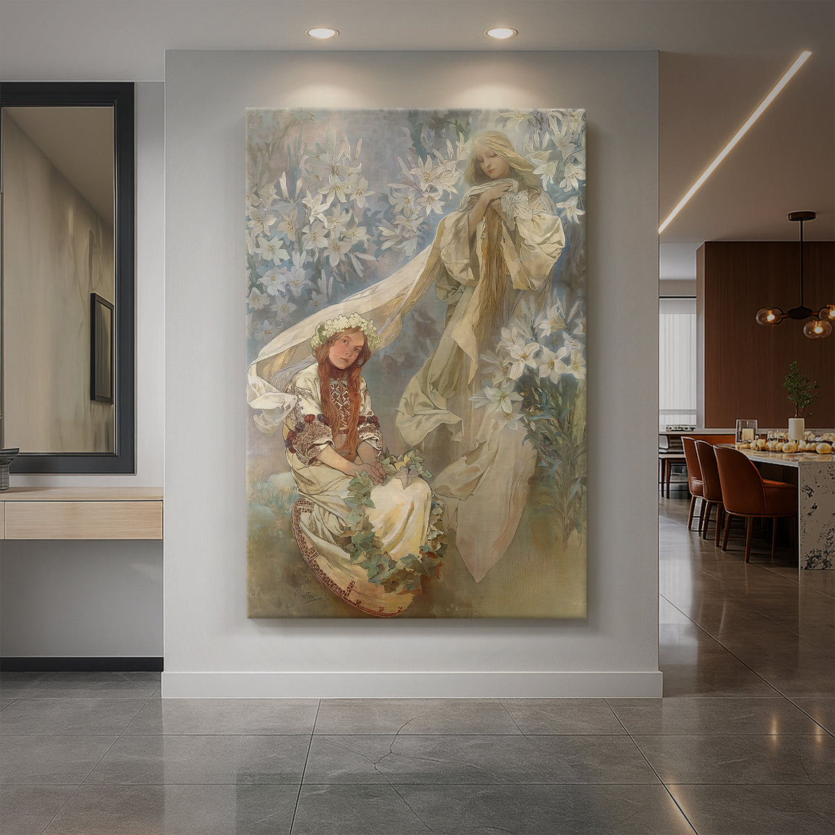 Canvas art print of an Art Nouveau illustration of a woman with lilies and symbolic ornate details displayed as a statement piece in a spacious interior.