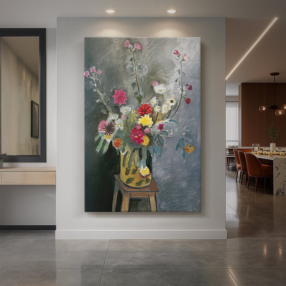 Canvas art print of a fauvist still life of mixed flowers with vibrant color and loose brushwork displayed as a statement piece in a spacious interior.