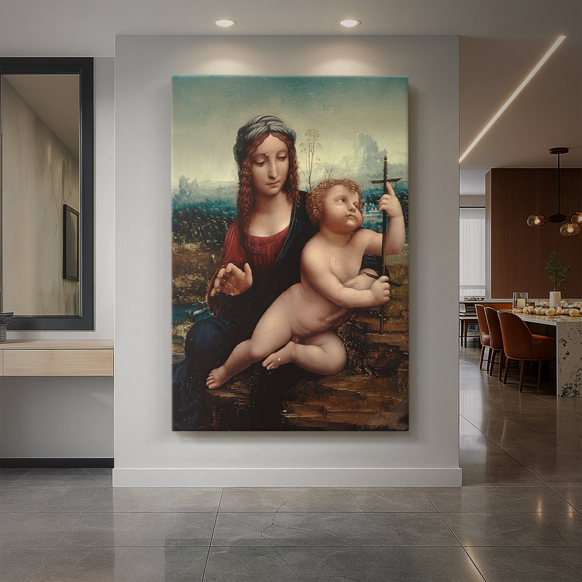 Canvas art print of a Renaissance scene of a child holding a yarnwinder with soft natural tones displayed as a statement piece in a spacious interior.