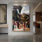 Canvas art print of a Renaissance scene of figures gathered around a dramatic trial by fire displayed as a statement piece in a spacious interior.