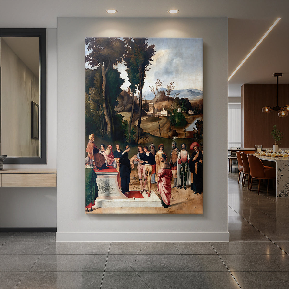 Canvas art print of a Renaissance scene of figures gathered around a dramatic trial by fire displayed as a statement piece in a spacious interior.