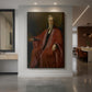 Canvas art print of a realistic portrait of a man in formal attire with dark background displayed as a statement piece in a spacious interior.