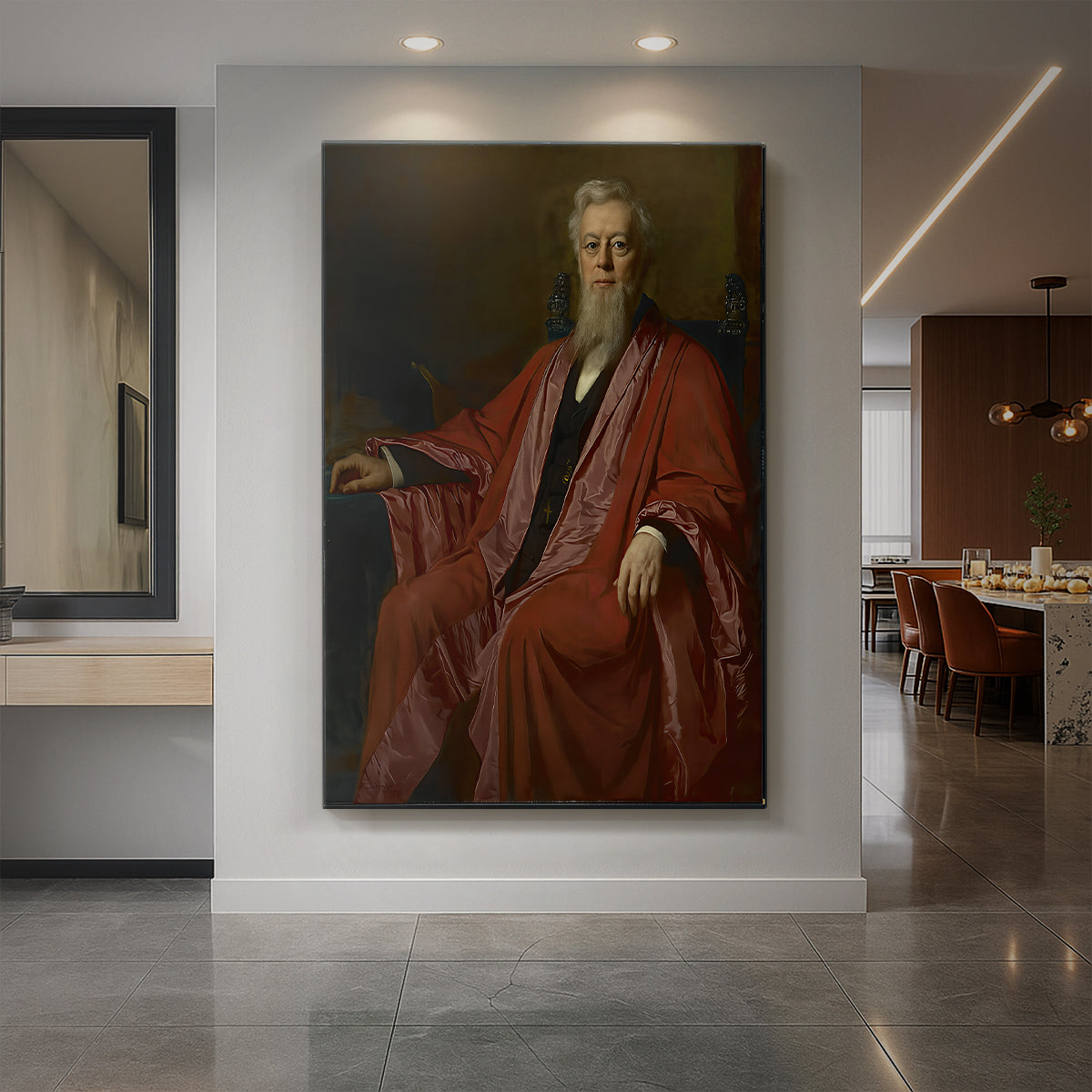 Canvas art print of a realistic portrait of a man in formal attire with dark background displayed as a statement piece in a spacious interior.