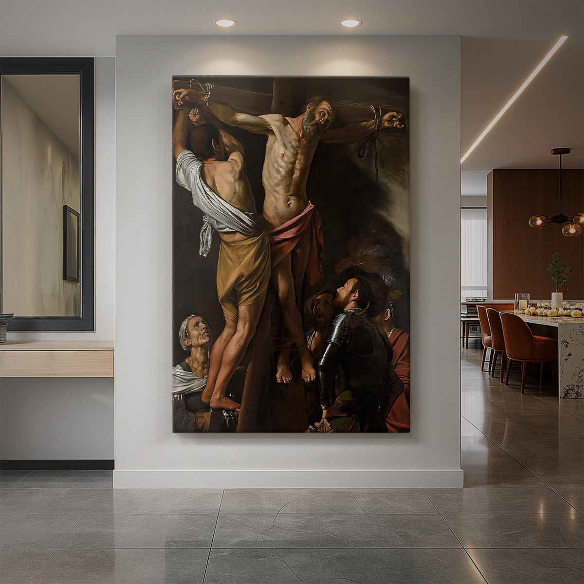 Canvas art print of a Baroque scene of Saint Andrew on a cross surrounded by figures displayed as a statement piece in a spacious interior.
