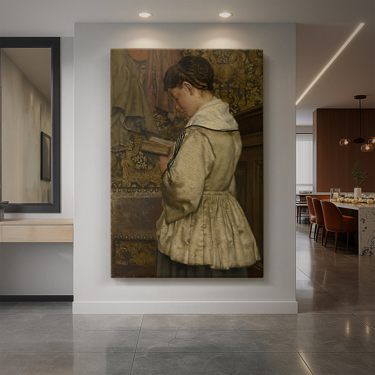 Canvas art print of a realistic interior scene of a young girl reading in a softly lit room displayed as a statement piece in a spacious interior.
