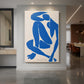 Canvas art print of an abstract cut-out figure of a reclining nude in bold blue shapes displayed as a statement piece in a spacious interior.