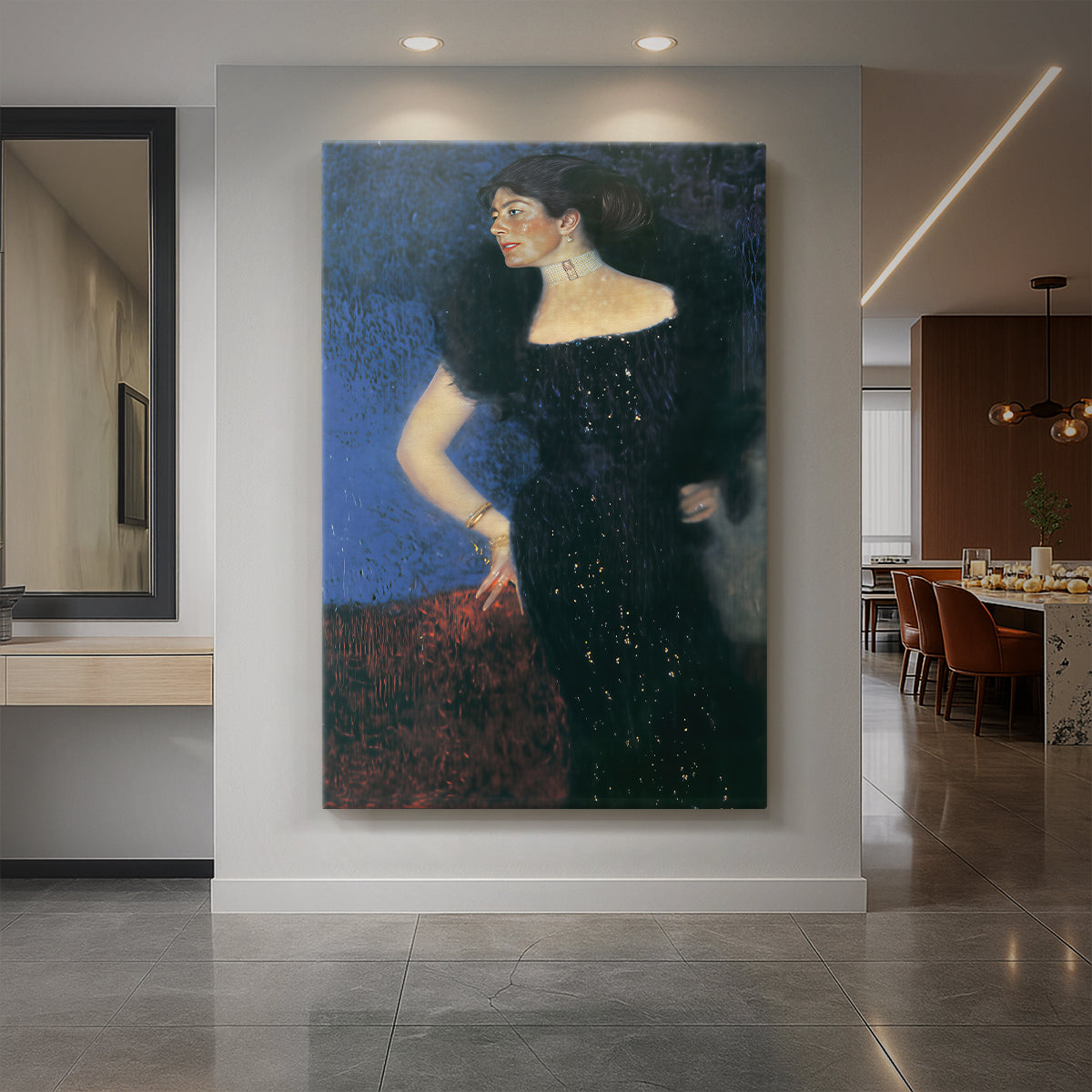 Canvas art print of a realistic portrait of a woman with dark attire and soft lighting displayed as a statement piece in a spacious interior.