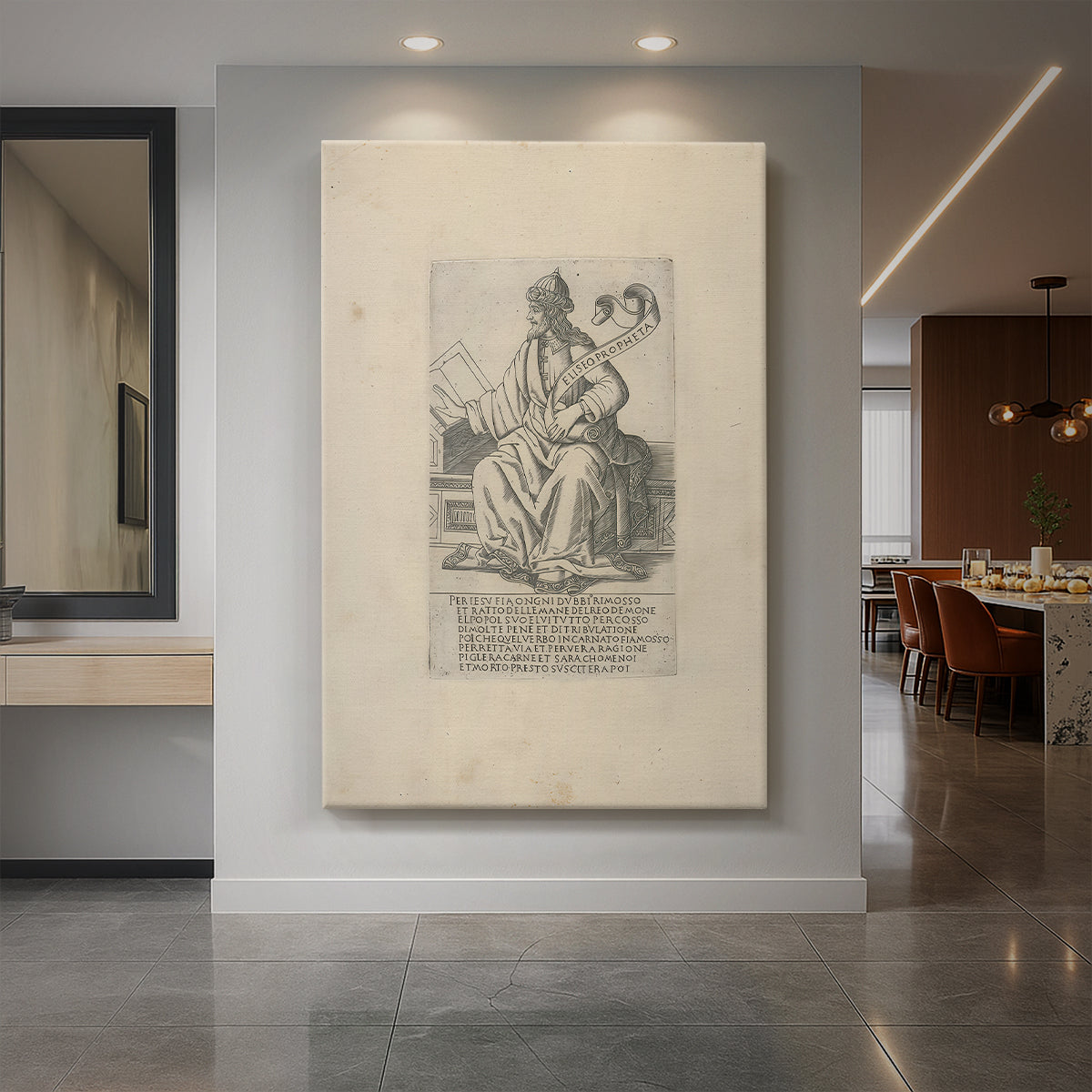 Canvas art print of a monochrome engraving of a standing prophet with intricate line detail displayed as a statement piece in a spacious interior.