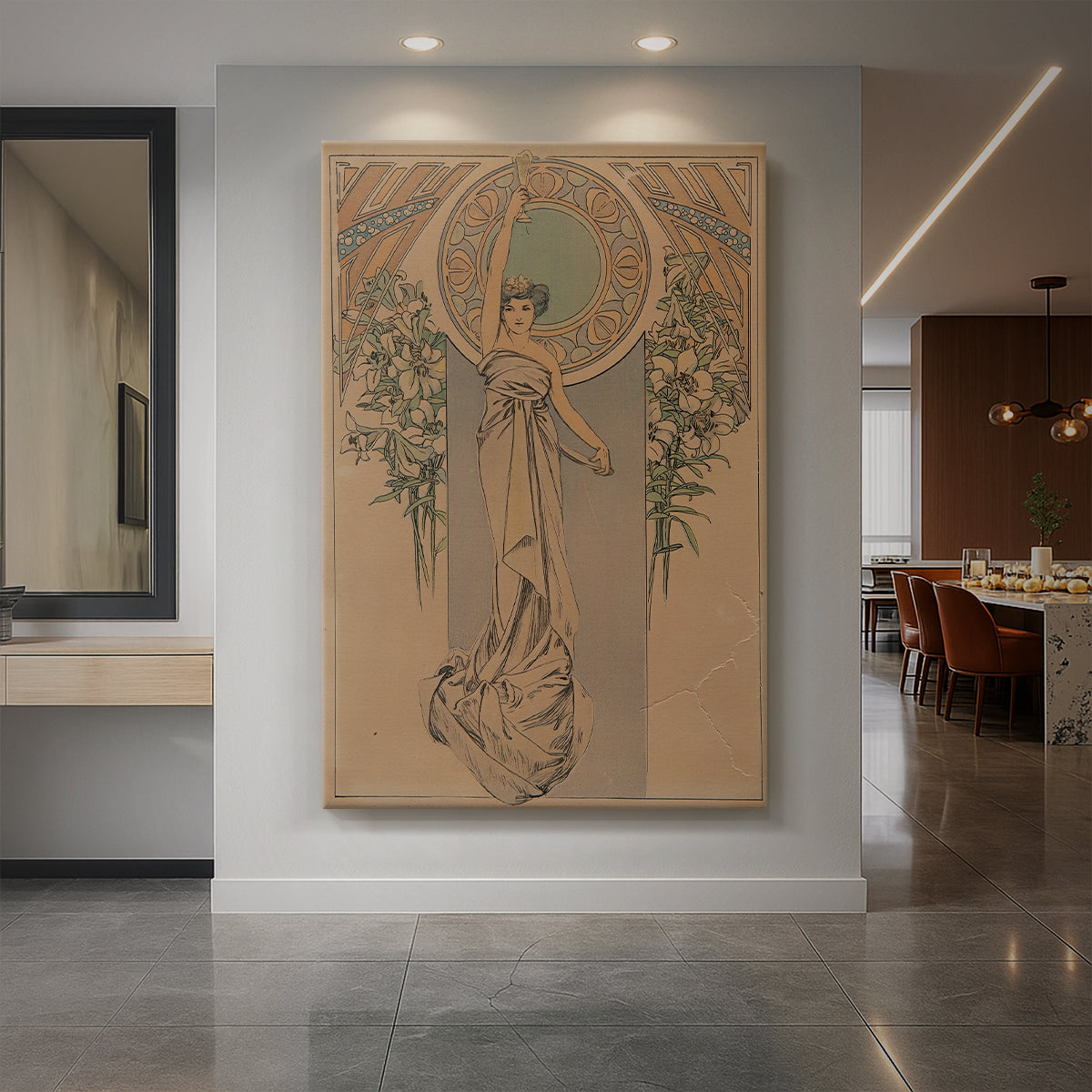 Canvas art print of an Art Nouveau illustration of a decorative menu card with a stylized female figure displayed as a statement piece in a spacious interior.