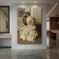 Canvas art print of an impressionist portrait of a woman and child with warm tones and soft light displayed as a statement piece in a spacious interior.