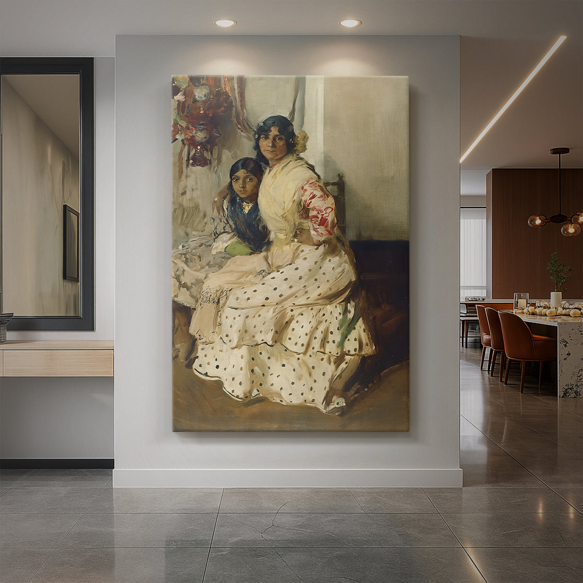 Canvas art print of an impressionist portrait of a woman and child with warm tones and soft light displayed as a statement piece in a spacious interior.