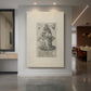 Canvas art print of a monochrome engraving of a seated prophet with intricate line detail displayed as a statement piece in a spacious interior.