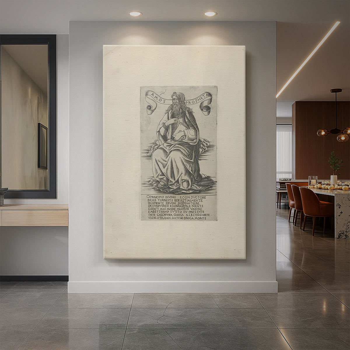 Canvas art print of a monochrome engraving of a seated prophet with intricate line detail displayed as a statement piece in a spacious interior.