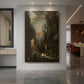 Canvas art print of a symbolic scene of a figure battling a multi-headed creature in a dark setting displayed as a statement piece in a spacious interior.