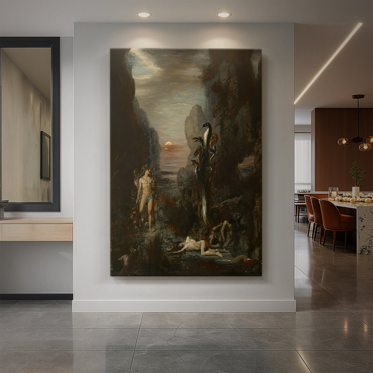 Canvas art print of a symbolic scene of a figure battling a multi-headed creature in a dark setting displayed as a statement piece in a spacious interior.