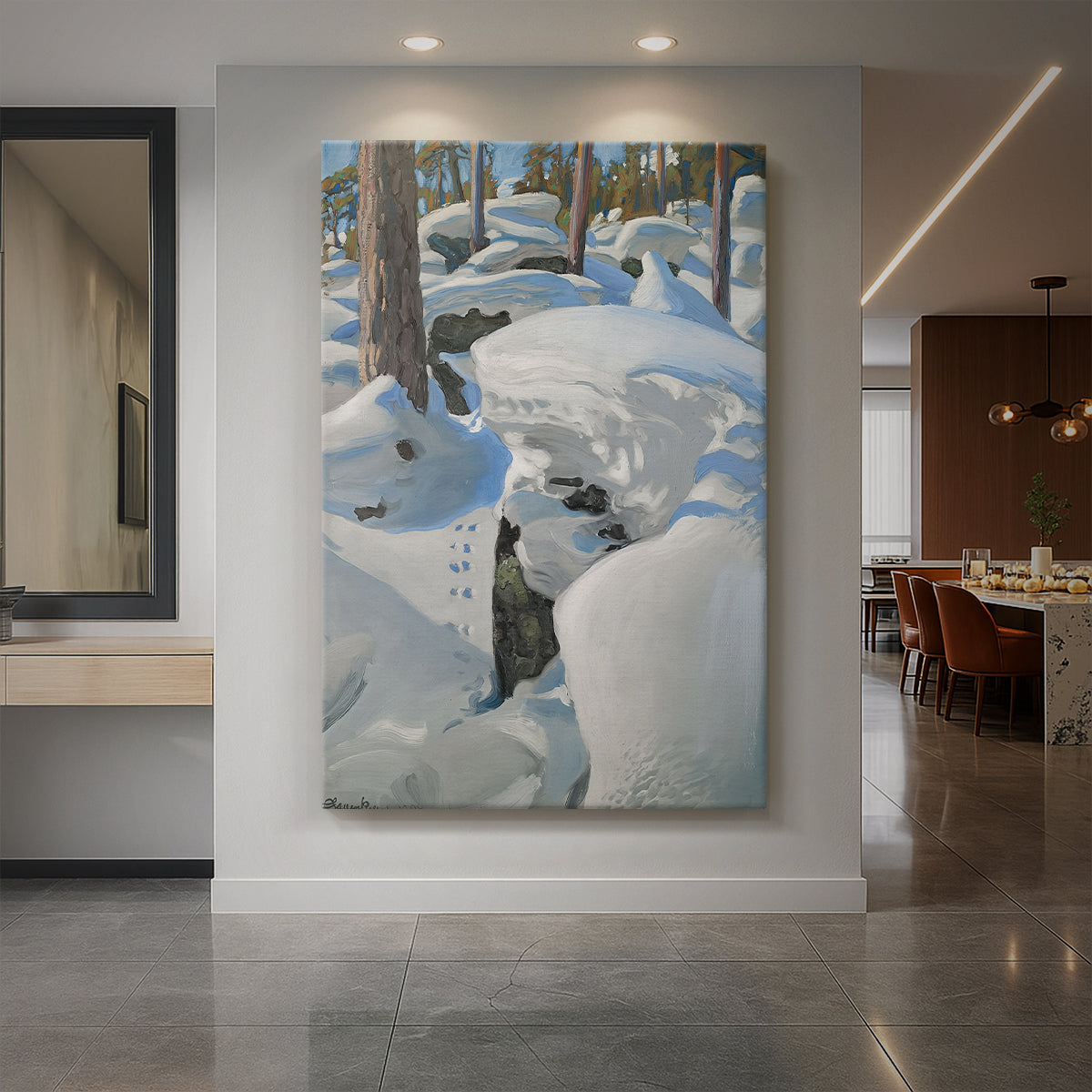 Canvas art print of a snowy winter forest with animal tracks leading through deep untouched snow displayed as a statement piece in a spacious interior.