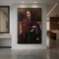 Canvas art print of a realistic portrait of a woman in formal attire with soft light displayed as a statement piece in a spacious interior.