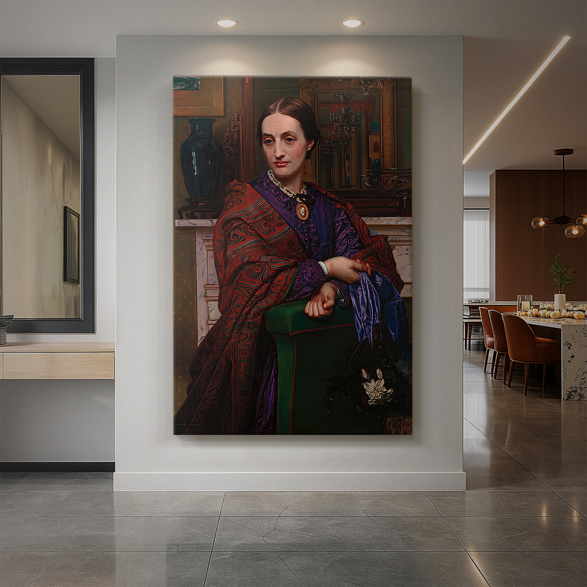 Canvas art print of a realistic portrait of a woman in formal attire with soft light displayed as a statement piece in a spacious interior.