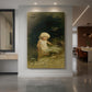 Canvas art print of a symbolic portrait of a figure in a natural landscape with soft light displayed as a statement piece in a spacious interior.