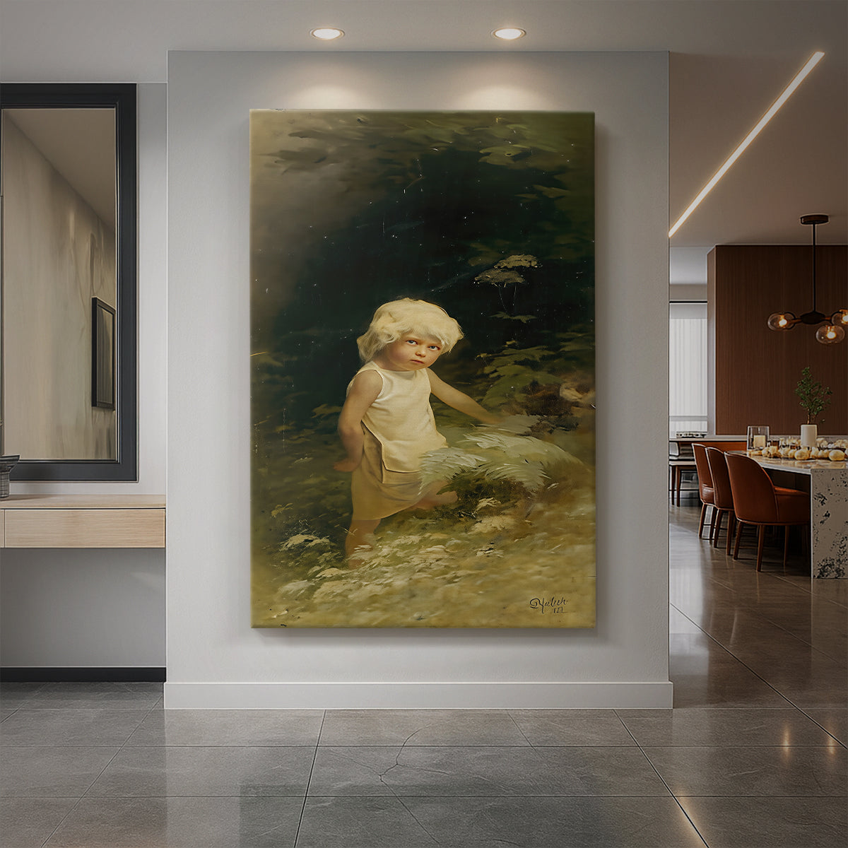 Canvas art print of a symbolic portrait of a figure in a natural landscape with soft light displayed as a statement piece in a spacious interior.
